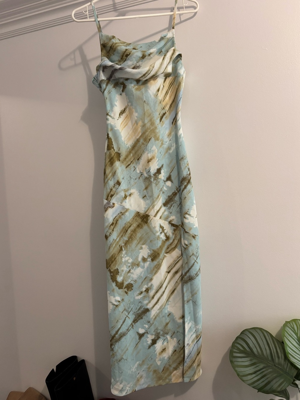 Sleeveless Cowl Neck Maxi Dress in Light Blue and Olive